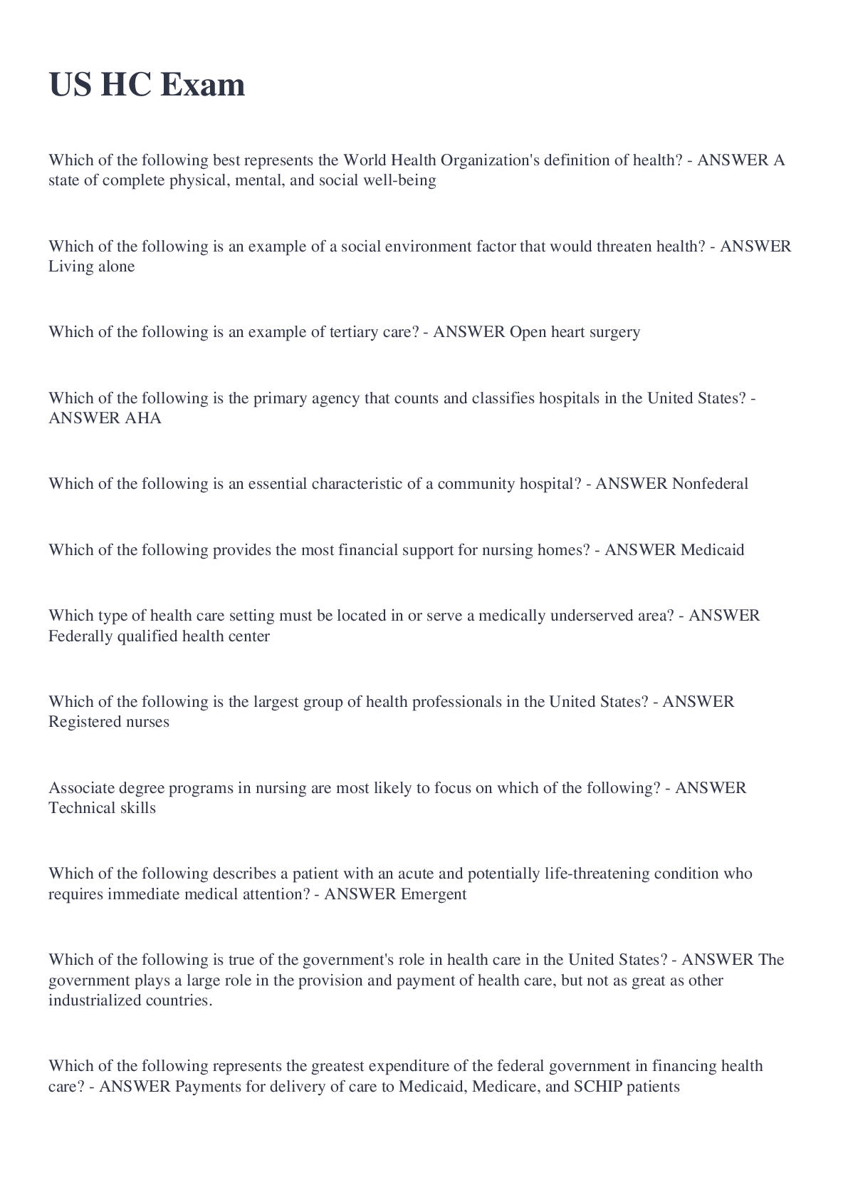 Preview image of US HC Exam latest Solved document